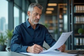 Homme d'affaires consultant des documents officiels d'entreprise dans un bureau moderne, illustrant la recherche d'informations légales sur societe.com