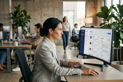 Recruteuse analysant des profils de candidats sur une plateforme de recrutement en ligne dans un bureau moderne