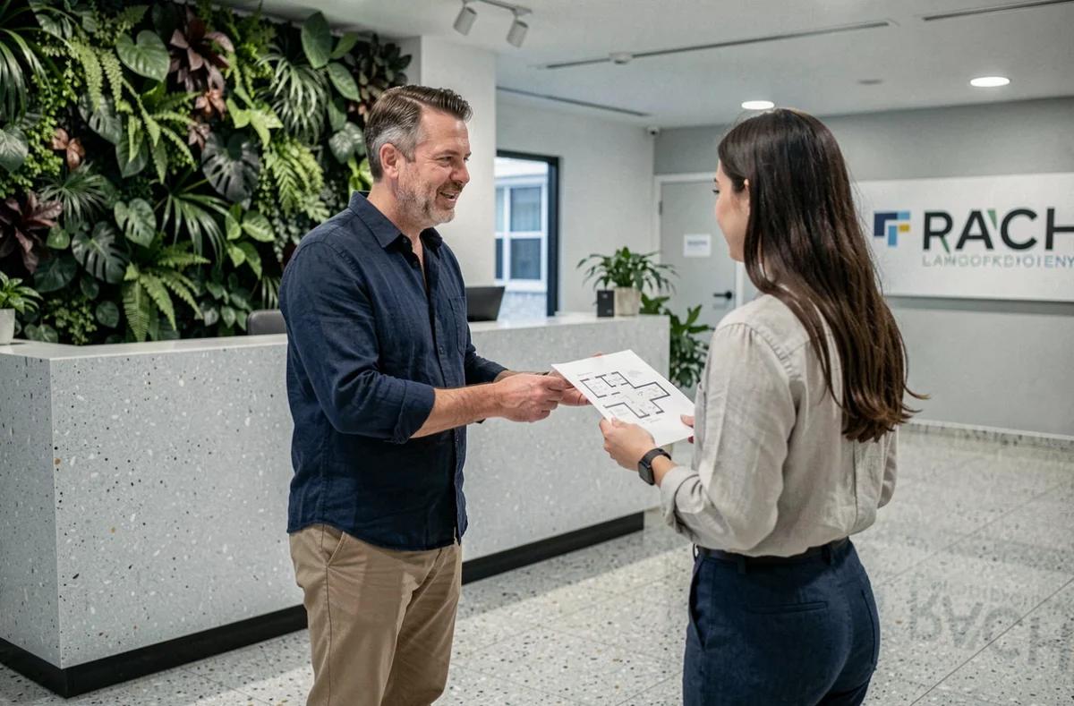 Homme en train de réserver un poste à la réception d'un espace de coworking avec une hôtesse d'accueil