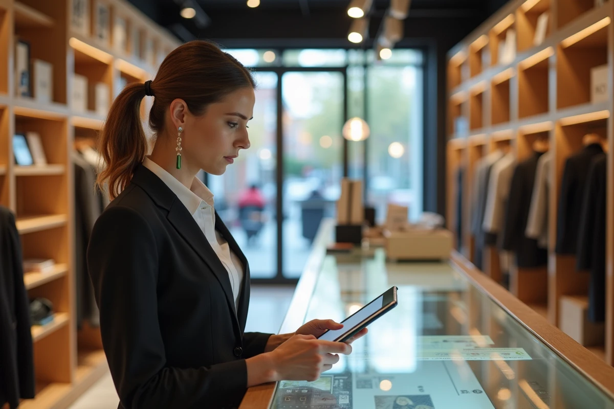 Responsable boutique utilisant un écran tactile pour la gestion