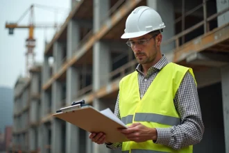 Responsable de chantier BTP tenant une carte de fidélité Loxam devant un chantier de construction avec échafaudages