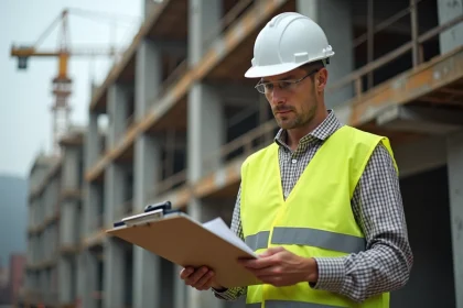 Responsable de chantier BTP tenant une carte de fidélité Loxam devant un chantier de construction avec échafaudages