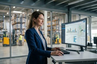 Responsable logistique utilisant un logiciel de supply chain sur un écran dans un entrepôt moderne