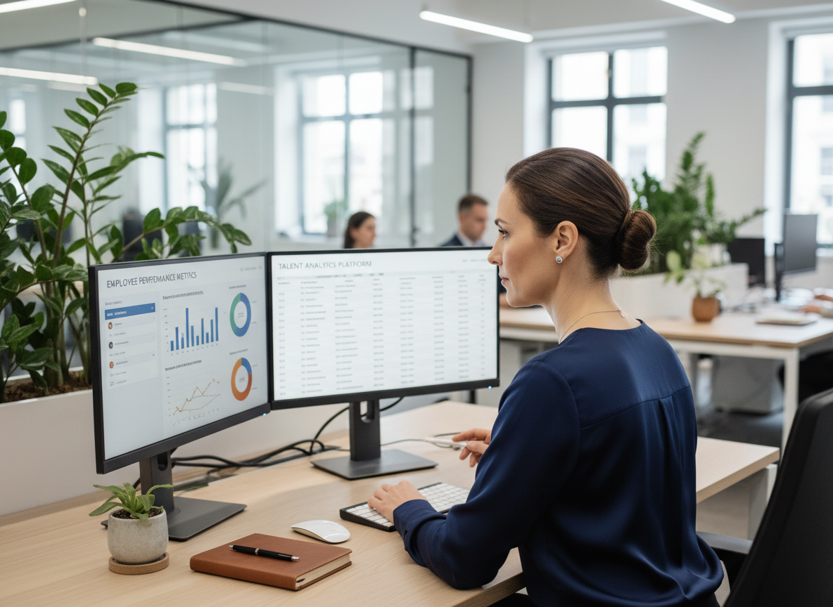 Manager RH analysant des données sur ses écrans au bureau