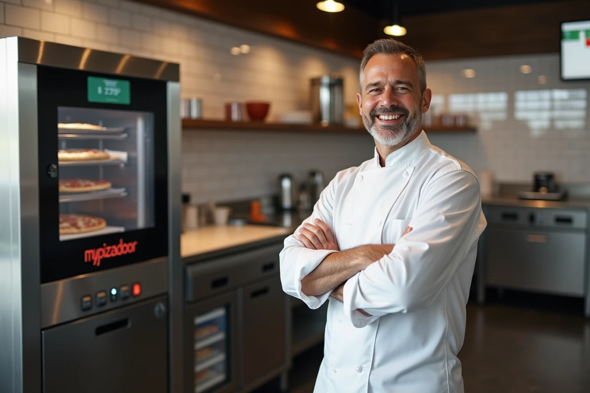 Restaurateur professionnel posant devant un distributeur automatique de pizzas mypizzadoor Pro en cuisine commerciale