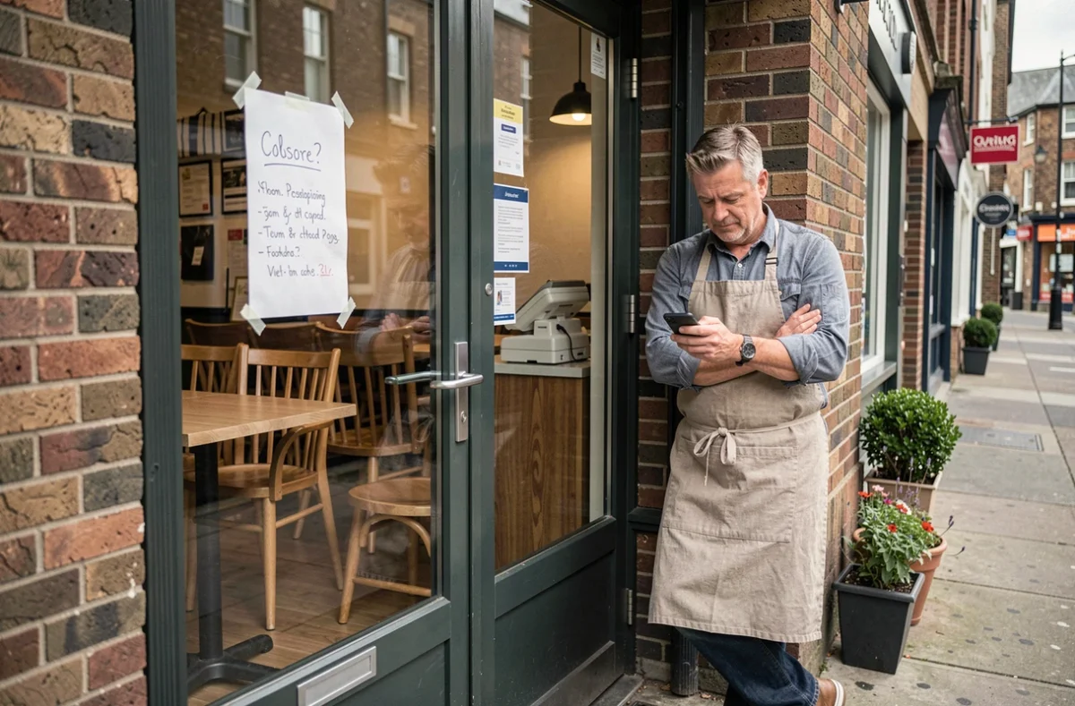 Un restaurateur devant son établissement fermé administrativement consulte des informations sur ses droits salariaux