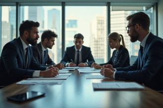 Réunion d'affaires en salle moderne avec professionnels sérieux