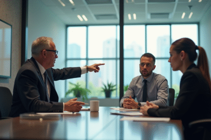 Réunion d'affaires sérieuse dans un bureau moderne avec un manager pointant