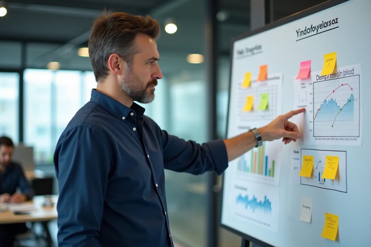 Homme en réunion dans un bureau moderne pointant un tableau blanc avec analyses web et mot mystérieux écrit en gras