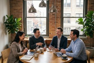 Équipe de professionnels en réunion collaborative autour d'une table ronde dans un espace de coworking convivial et moderne