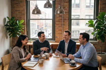 Équipe de professionnels en réunion collaborative autour d'une table ronde dans un espace de coworking convivial et moderne