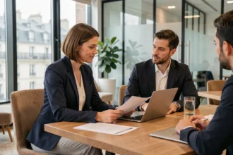 Une professionnelle discute avec un consultant en portage salarial dans un bureau moderne à Besançon