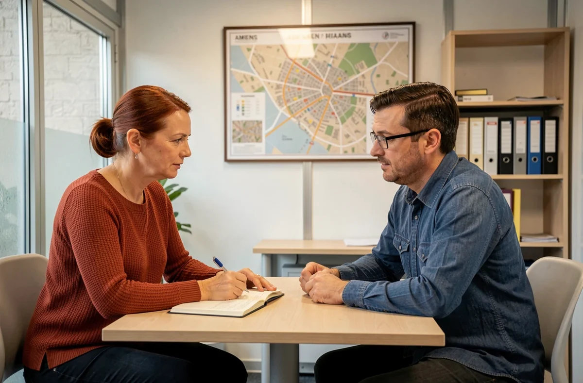 Deux professionnels en réunion dans un espace de coworking à Amiens avec carte de la ville en arrière-plan