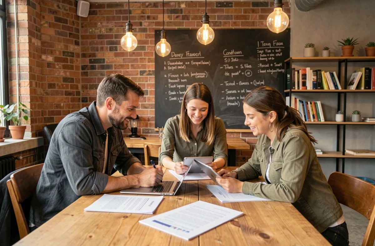 Groupe de professionnels en réunion collaborative dans un coworking de Saint-Étienne