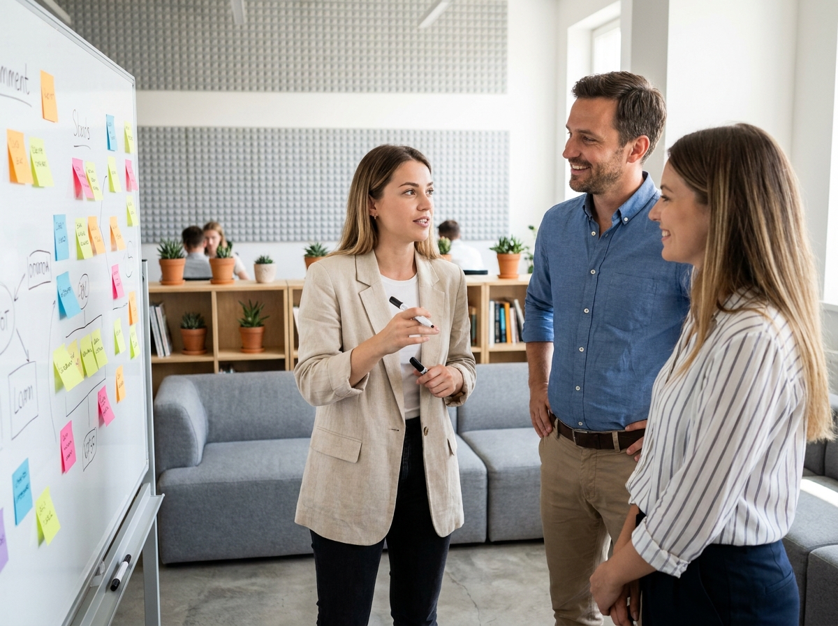 Trois collègues en réunion debout devant un tableau blanc avec des post-its dans un espace de travail créatif et informel