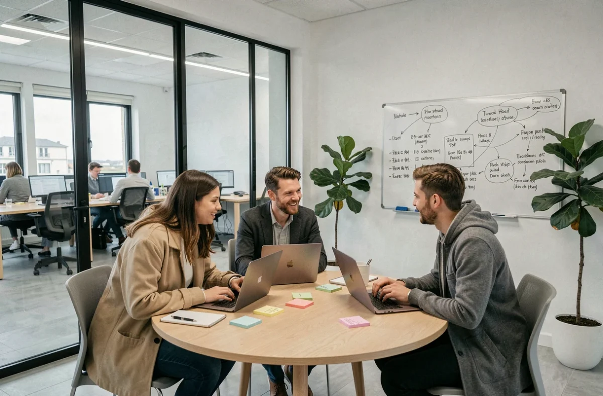 Équipe en réunion collaborative dans une salle vitrée d'un espace de coworking à Dieppe