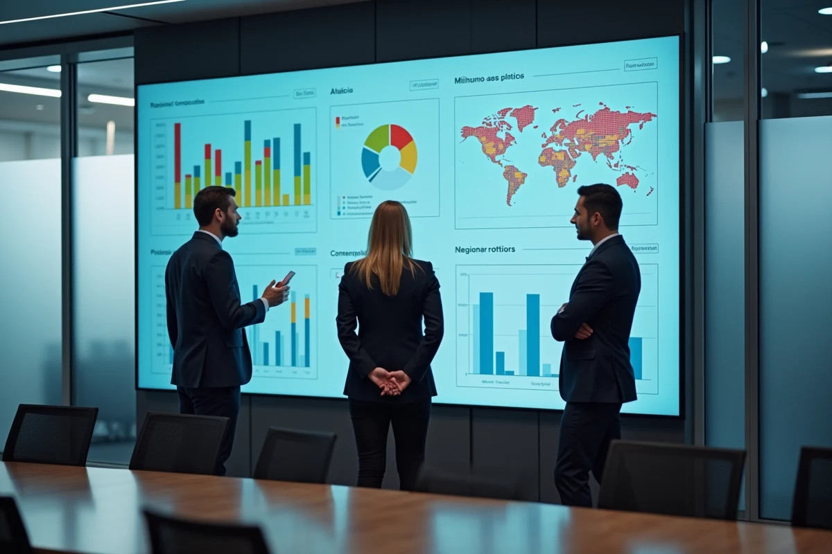 Équipe de professionnels analysant des cartes d'indicateurs économiques territoriaux sur un écran interactif en salle de réunion