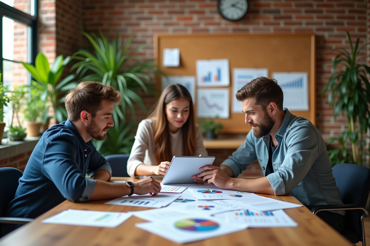 Trois jeunes professionnels discutant de rapports marketing
