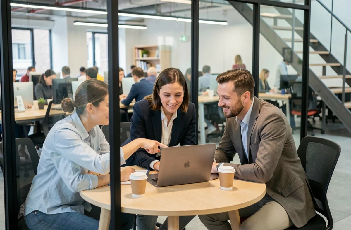 Groupe de professionnels en réunion dans une salle vitrée d'un espace de coworking
