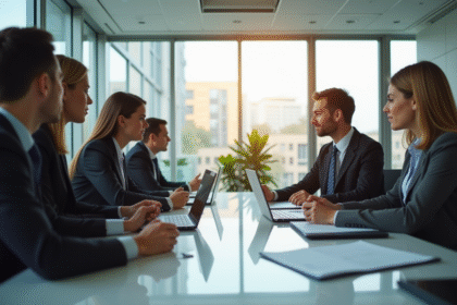 Réunion entre professionnels dans un bureau lumineux