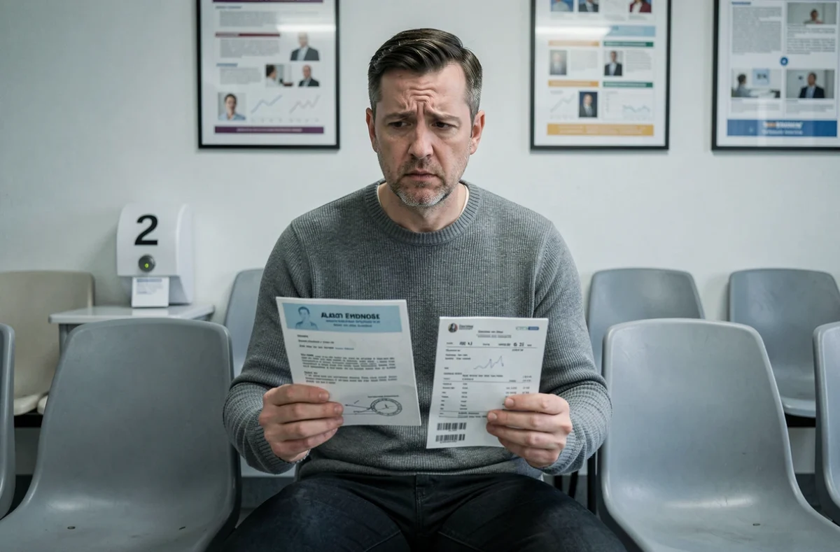 Un salarié en arrêt maladie compare son certificat médical et son bulletin de salaire dans une salle d'attente administrative
