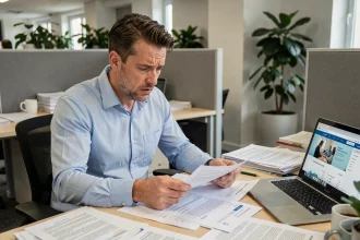 Salarié inquiet qui examine ses fiches de paie et vérifie les cotisations Urssaf sur son lieu de travail