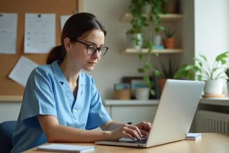 Salariée aide à domicile connectée à l'extranet Azaé sur un ordinateur portable depuis son bureau personnel