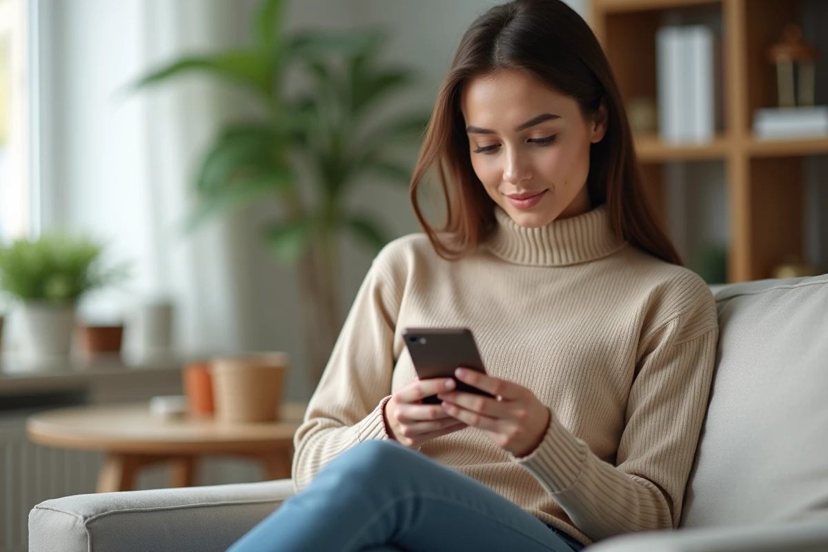 Jeune salariée consultant ses documents RH sur smartphone depuis son domicile