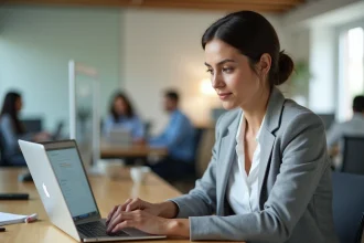 Salariée consultant son espace MyPeopleDoc sur un ordinateur portable dans un bureau moderne