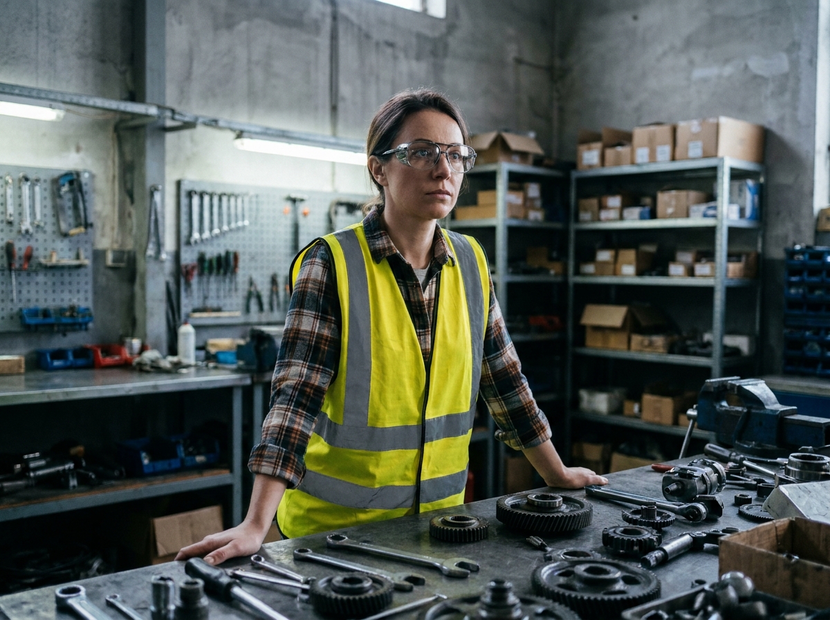 Ouvrière d'une PME portant des lunettes de sécurité correctrices sur son poste de travail en atelier industriel