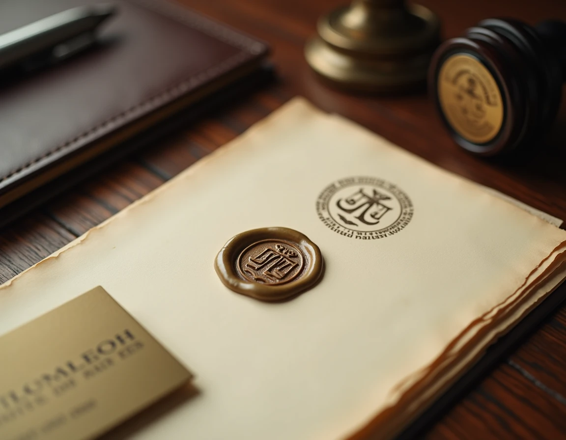 Gros plan sur un cachet officiel de notaire et un sceau de cire estampillé sur papier parchemin crème, avec un stylo plume argenté et une carte de visite portant le logo notarial, évoquant l'authenticité et la confiance institutionnelle.