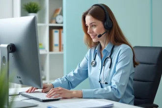 Secrétaire médicale professionnelle au téléphone gérant les rendez-vous sur ordinateur dans un cabinet médical