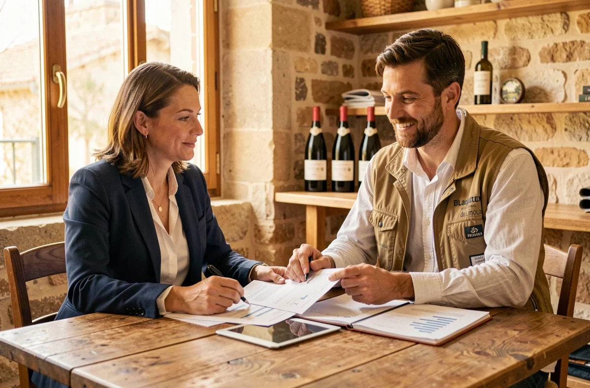 Comptable de SFC Expertise à Limoux accompagnant un vigneron producteur de Blanquette de Limoux, avec des documents financiers viticoles partagés dans un bureau au caractère régional
