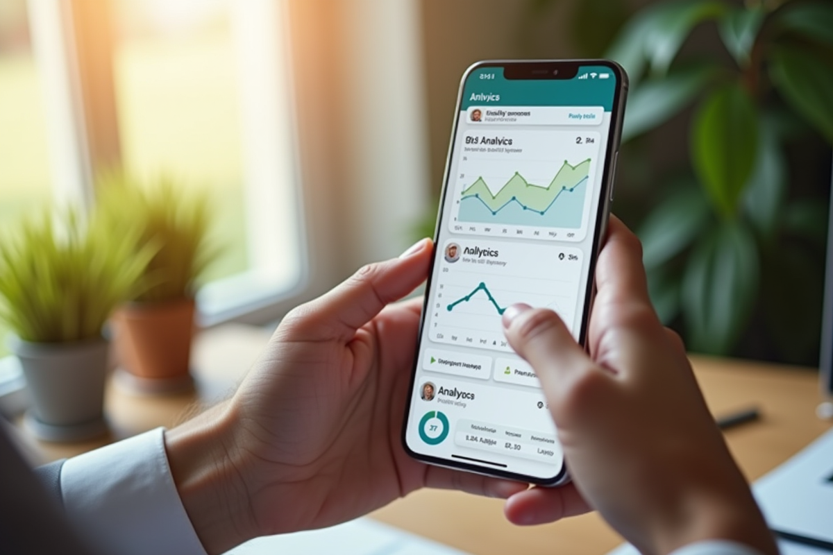 Main tenant un smartphone avec tableau de bord analytique