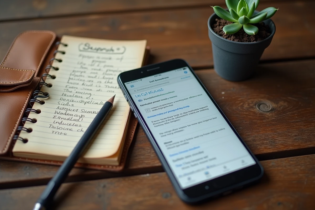 Vue de dessus d'un smartphone affichant une recherche de mot mystérieux sur internet, posé sur une table en bois avec carnet de notes manuscrites