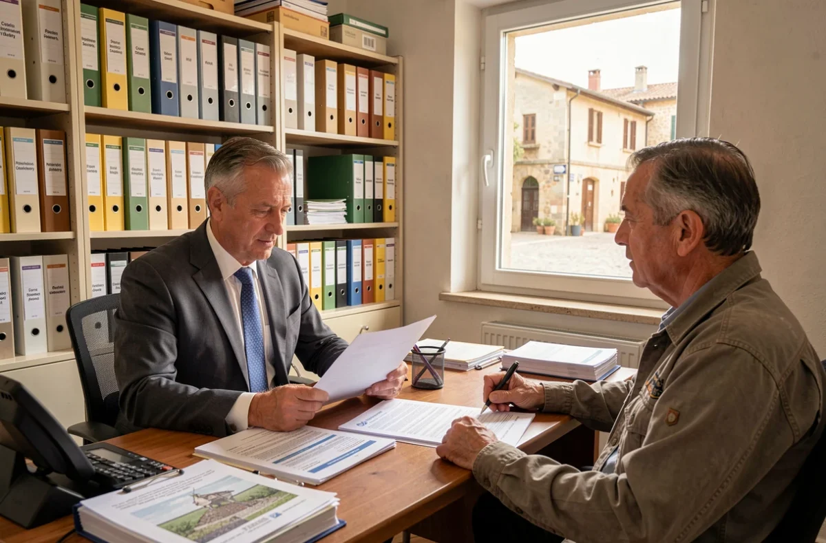 Expert-comptable de Sogarec à Castelnaudary en consultation avec un client agriculteur du Lauragais dans un cabinet régional chaleureux et bien organisé