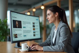 Professionnelle analysant un tableau de bord de veille numérique sur écran large dans un bureau moderne