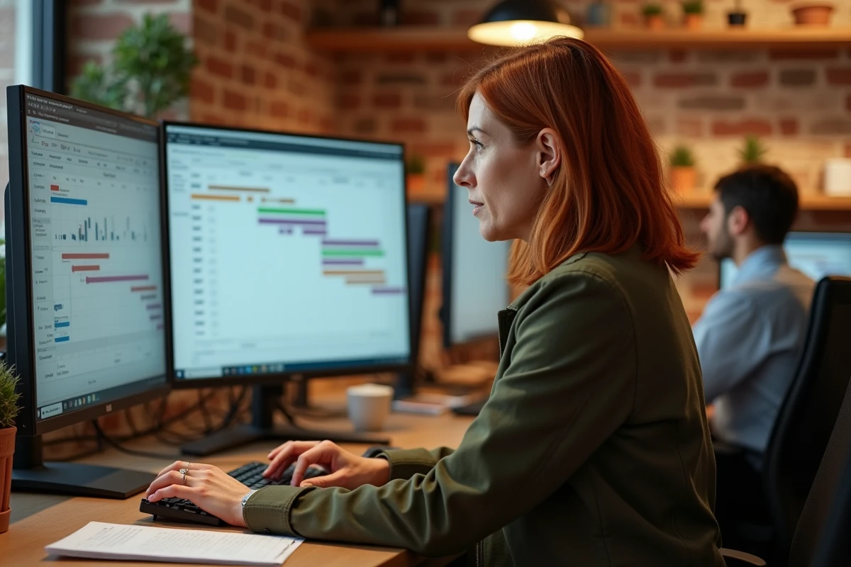 Professionnelle supervisant un suivi de projet sur logiciel de gestion dans un espace de travail collaboratif