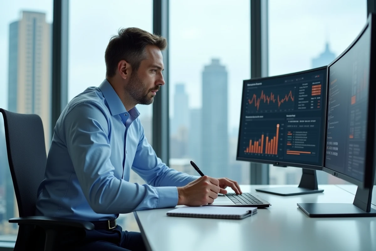 Cadre dirigeant analysant un tableau de bord de coordination opérationnelle sur grand écran dans un bureau avec vue urbaine