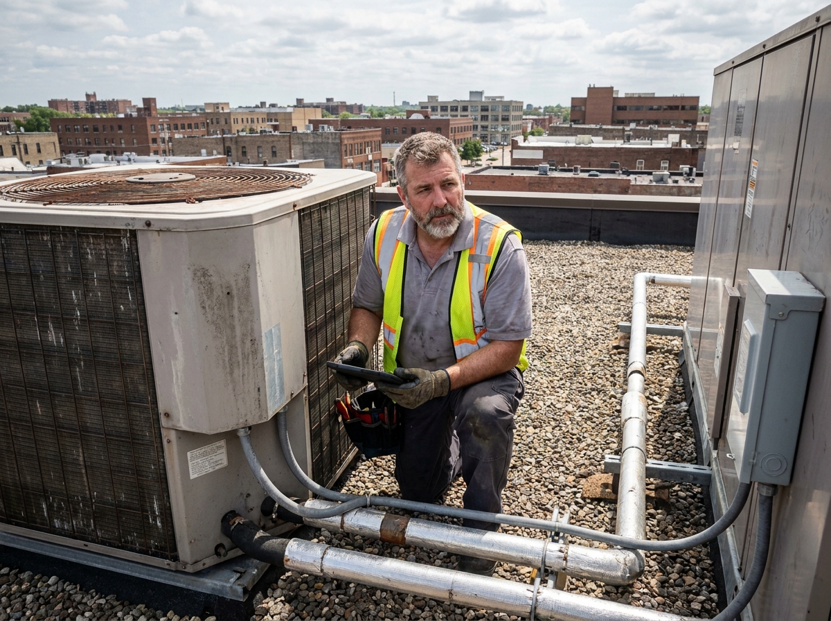 Technicien inspectant une pompe à chaleur industrielle sur le toit d'une PME dans un contexte de transition énergétique