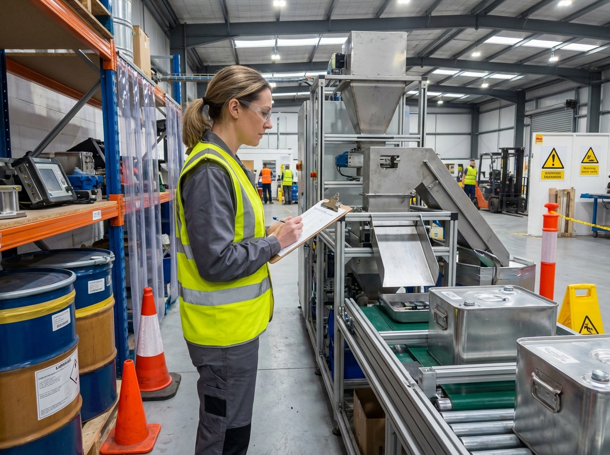 Technicien de sécurité observant une station de recyclage de batteries