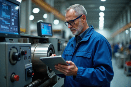 Technicien industriel inspectant une machine avec tablette