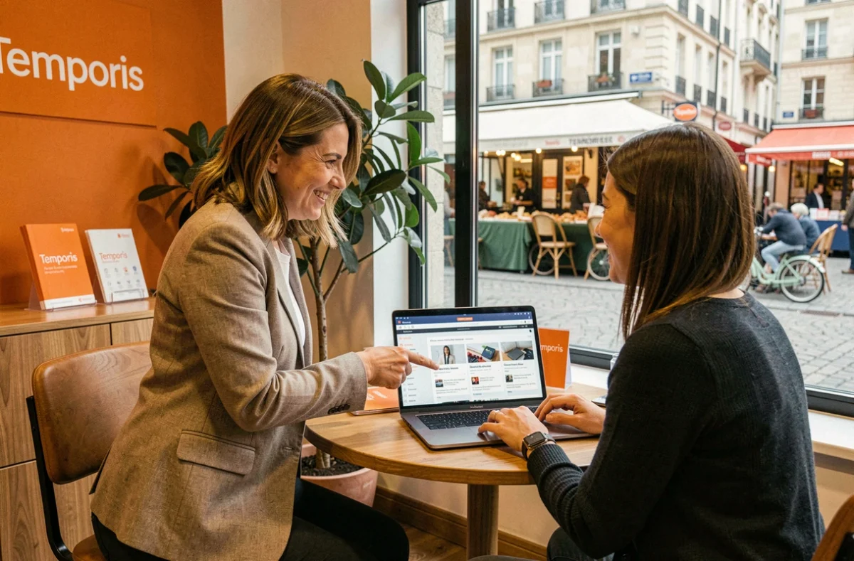 Consultante Temporis montrant des offres d'emploi sur ordinateur à une candidate dans une franchise locale