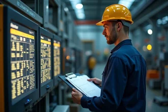 Travailleur de nuit en usine consultant son planning de jours travaillés pour 2026