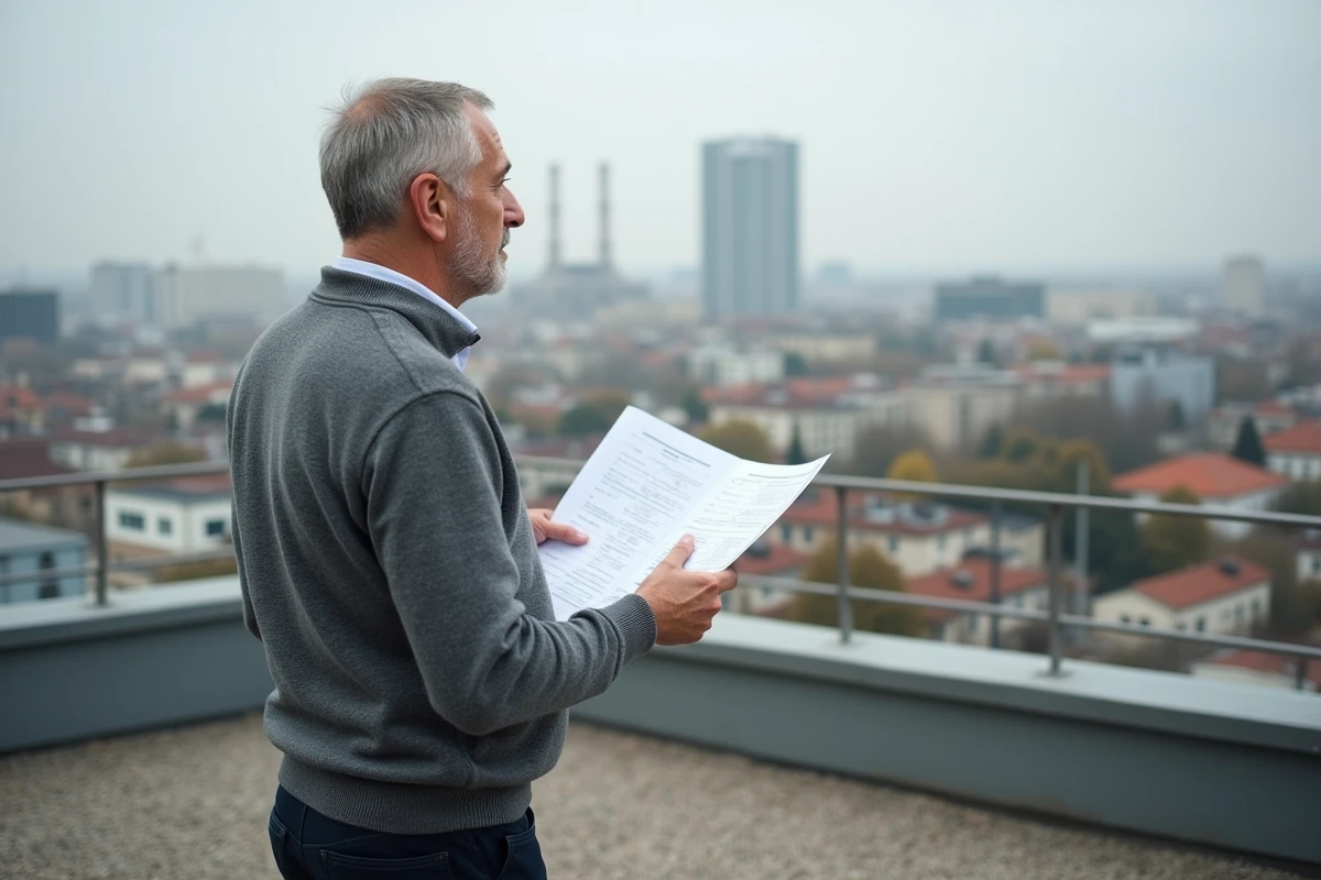Urbaniste tenant un rapport d'indicateurs économiques territoriaux devant un panorama urbain depuis une terrasse de bâtiment municipal