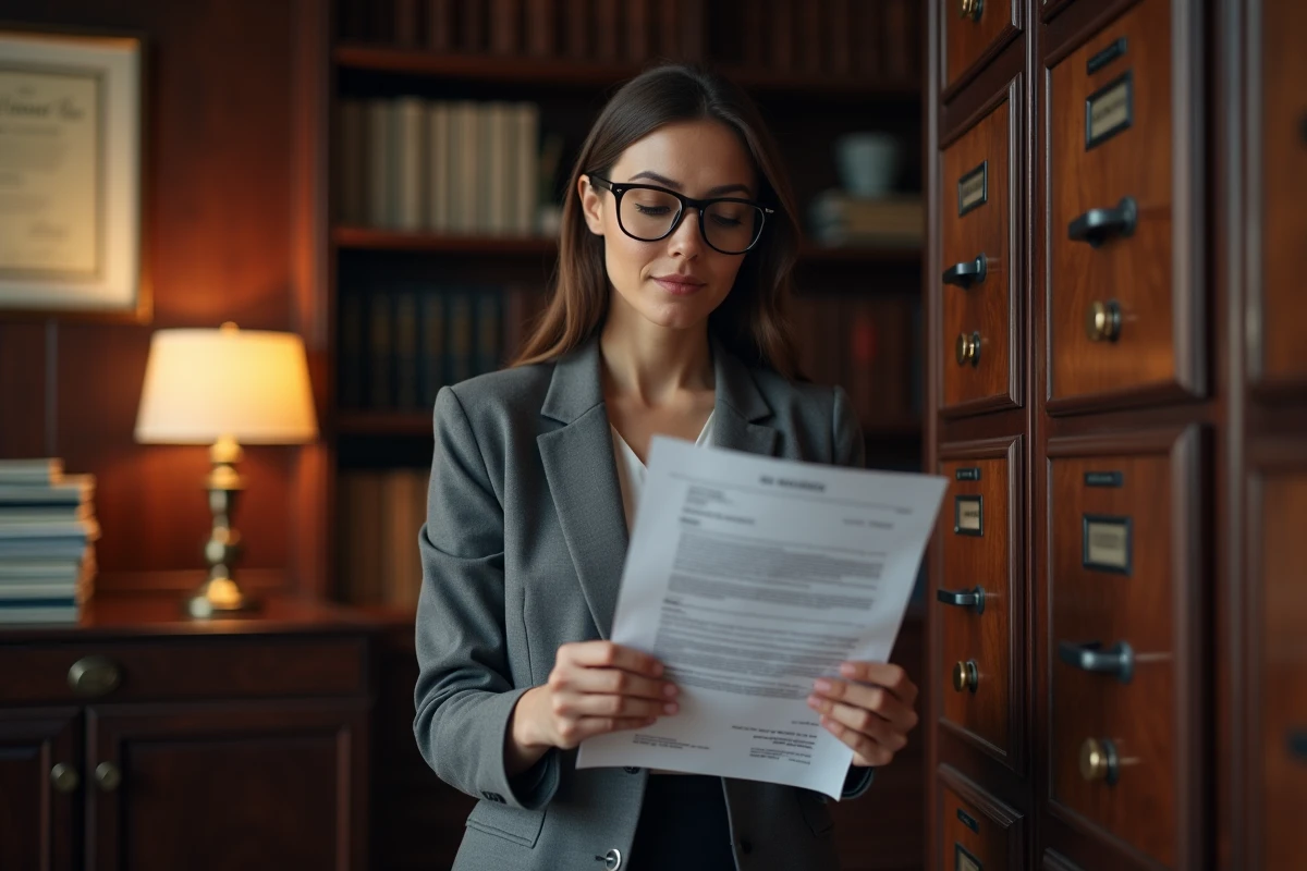 Professionnelle en droit consultant un extrait Kbis officiel dans un bureau administratif, illustrant la vérification légale d'informations sur un dirigeant d'entreprise