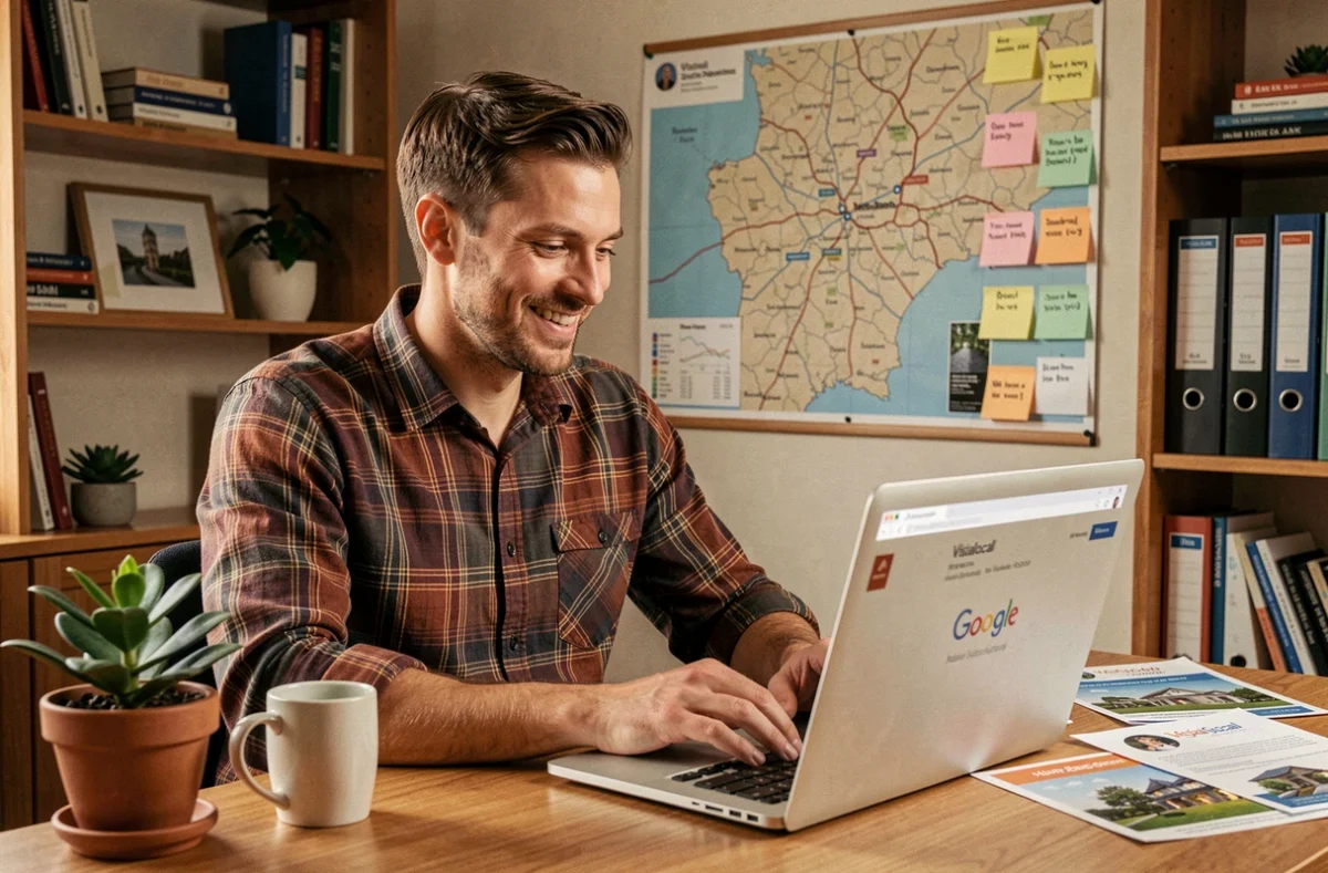 Un spécialiste SEO local de Visialocal consultant un rapport Google Maps dans un bureau régional avec une carte de la Sarthe en arrière-plan