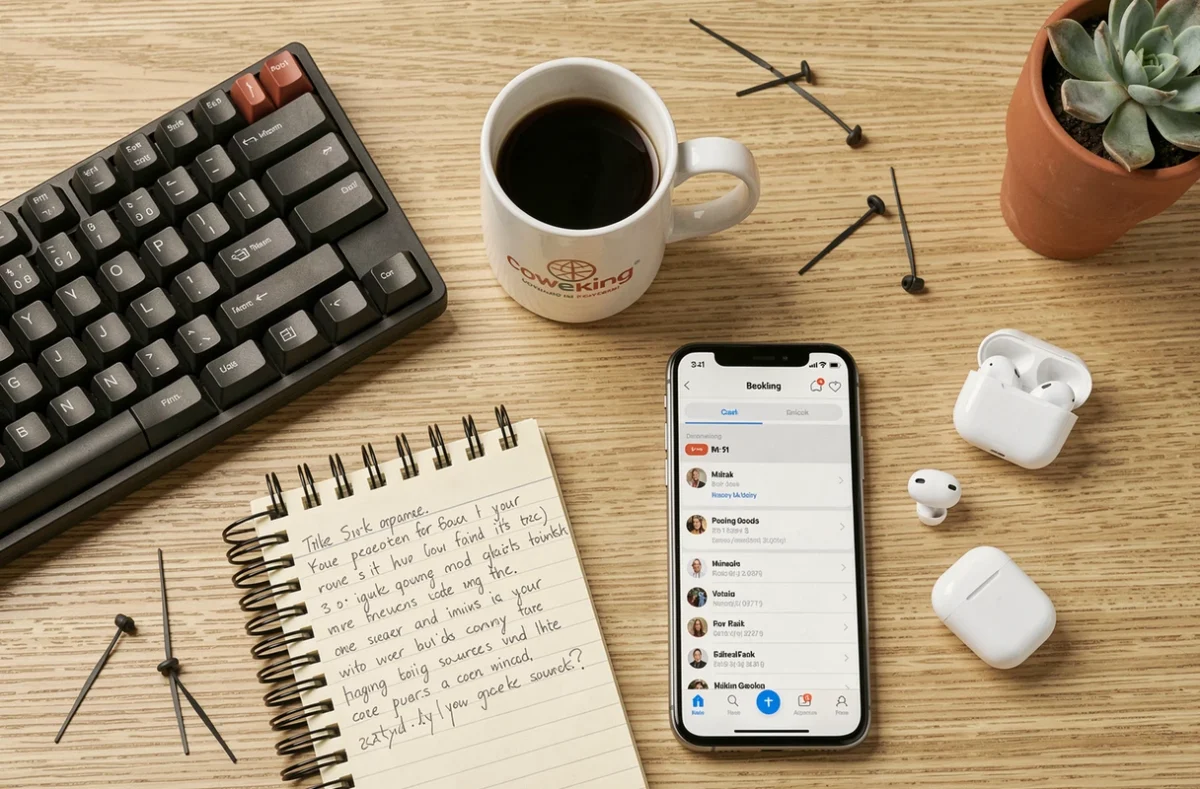 Vue aérienne d'un bureau de coworking avec application de réservation de poste sur smartphone