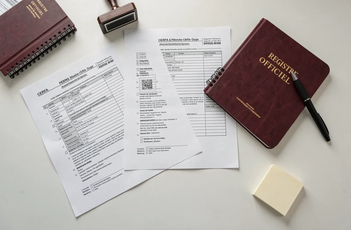 Vue aérienne d'un bureau administratif avec formulaires CERFA, registres officiels Berger Levrault, stylo et tampon encreur organisés sur un bureau blanc